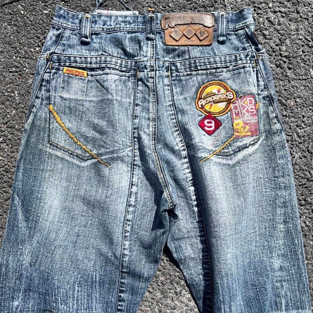 Y2K 2000s Akademiks Graphic Patchwork Baggy Jeans size 34" x 32"